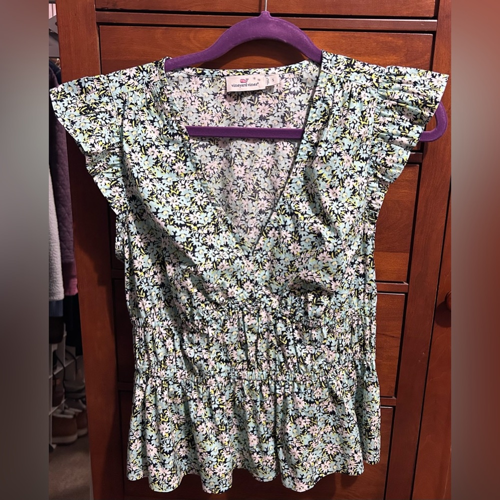Floral V-Neck Top with Ruffle Sleeves
